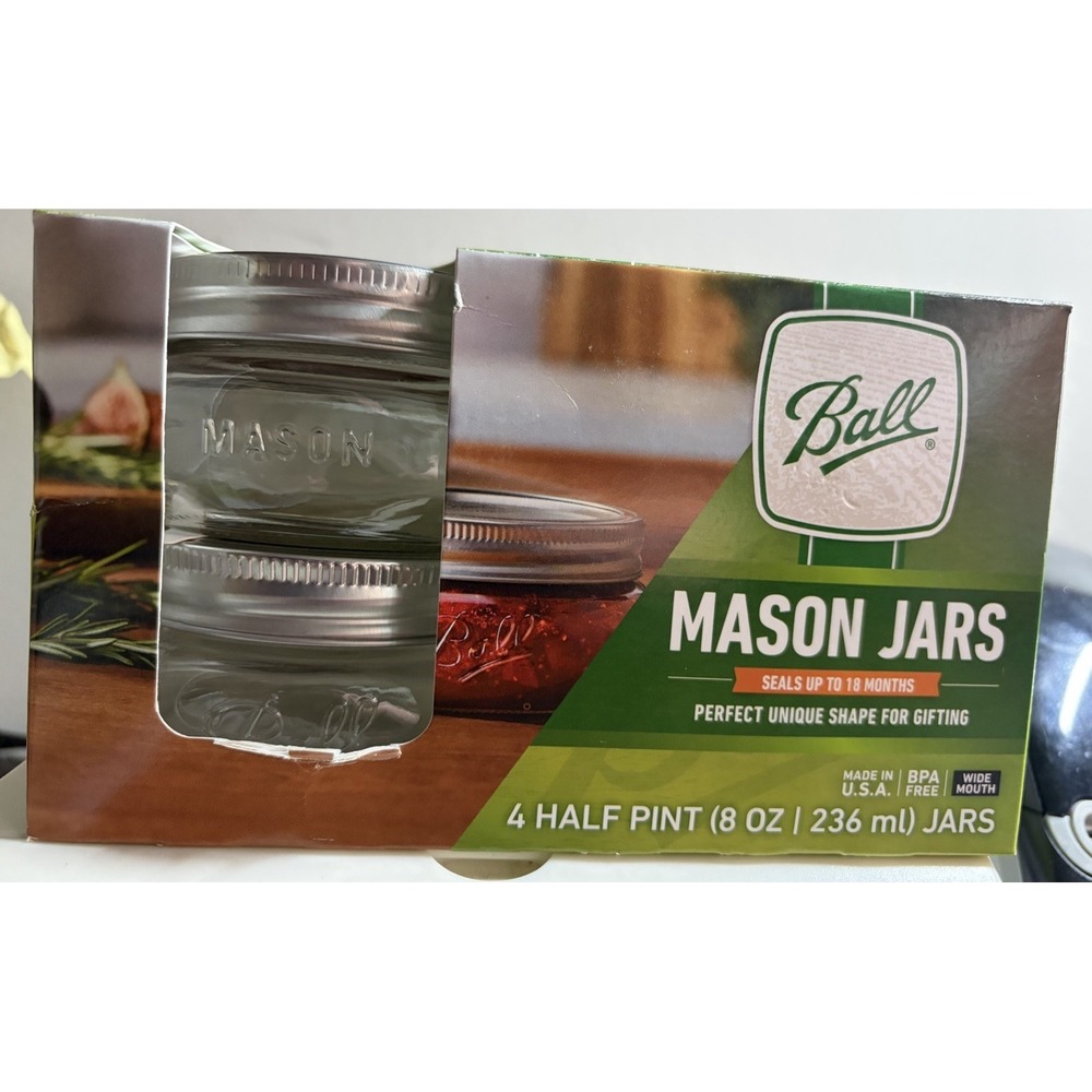 Ball 4 Squatty Half Pint Mason Jars 125 Wide Mouth 1/2 Pint. 8oz. NEW IN PKG USA